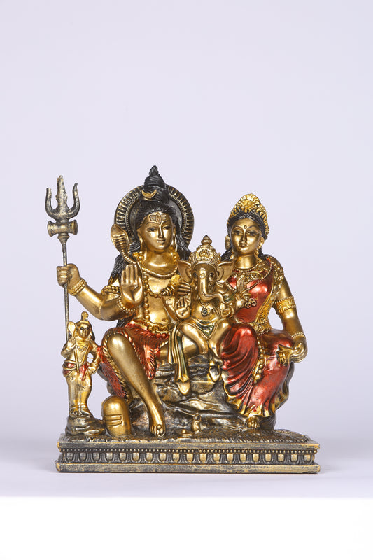 6" Shiva Parivaar sitting Antique Finish golden red statue - Shiva Prvati Gamesha and Kartikeya| Ideal for temple or showpiece