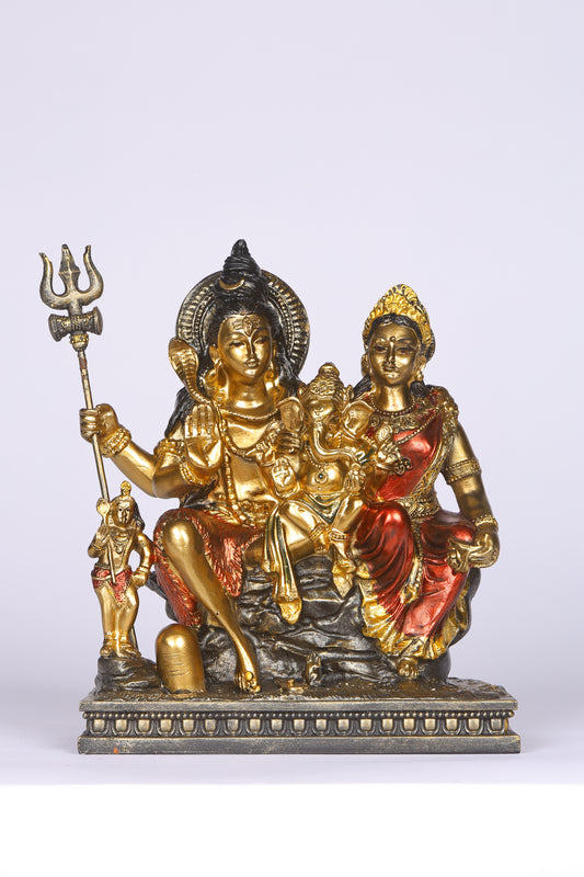 9" Shiva Parivaar sitting Antique Finish golden red statue - Shiva Prvati Gamesha and Kartikeya| Ideal for temple or showpiece