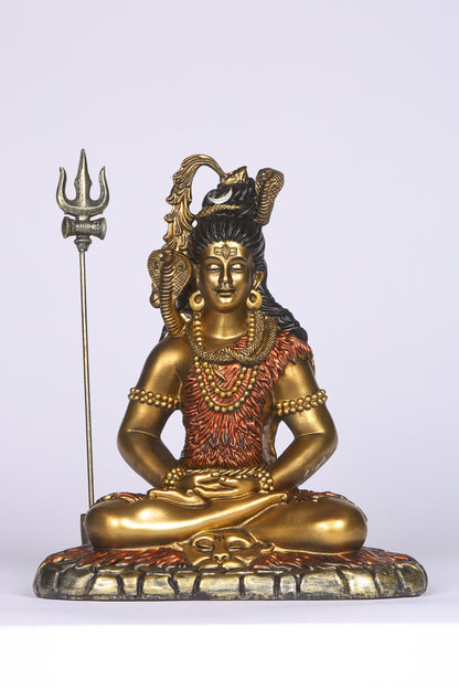 11" Shiva Samadhi Meditation statue with Trishul in Antique Finish golden red | Ideal for temple or showpiece