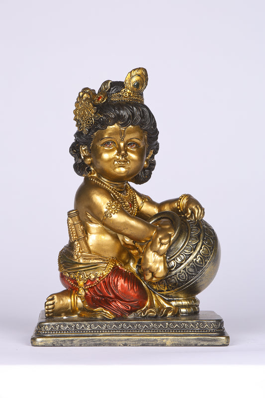 8" Baby Krishna - Cute Makhan chor Bal Gopal statue Antique Finish golden red| Ideal for temple or showpiece