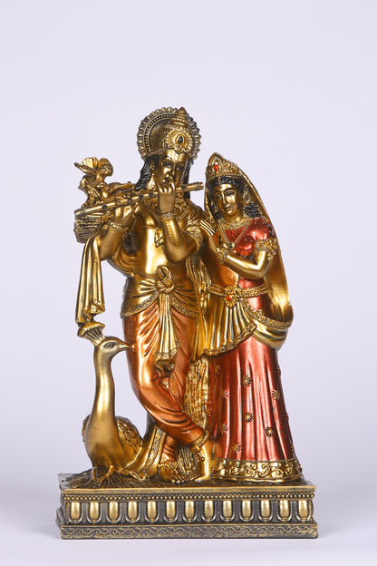 6" Radha Krishna with Bansuri standing white Antique Finish golden red statue | Ideal for temple or showpiece