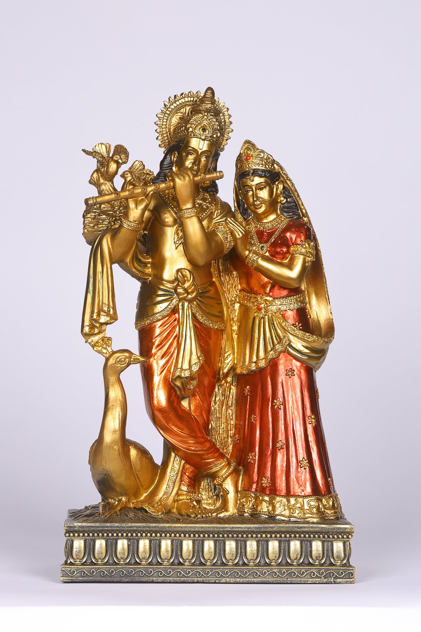 8" Radha Krishna with Bansuri standing white Antique Finish golden red statue | Ideal for temple or showpiece