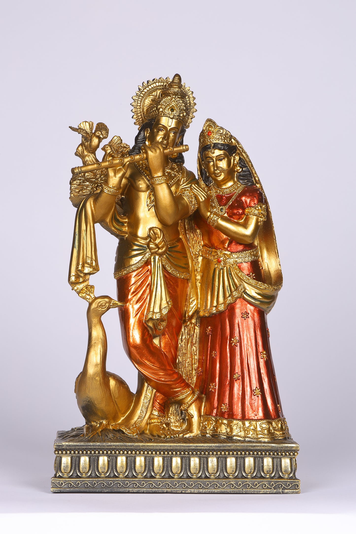 16" Radha Krishna with Bansuri standing Antique Finish statue Gold and red | Ideal for temple or showpiece