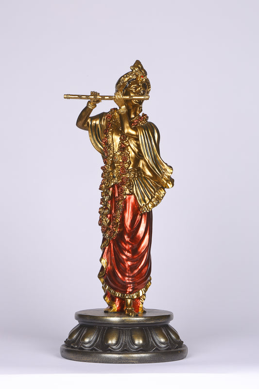 18" Standing Krishna with Bansuri - White Decorative Antique Finish golden red statue | Ideal for temple or showpiece