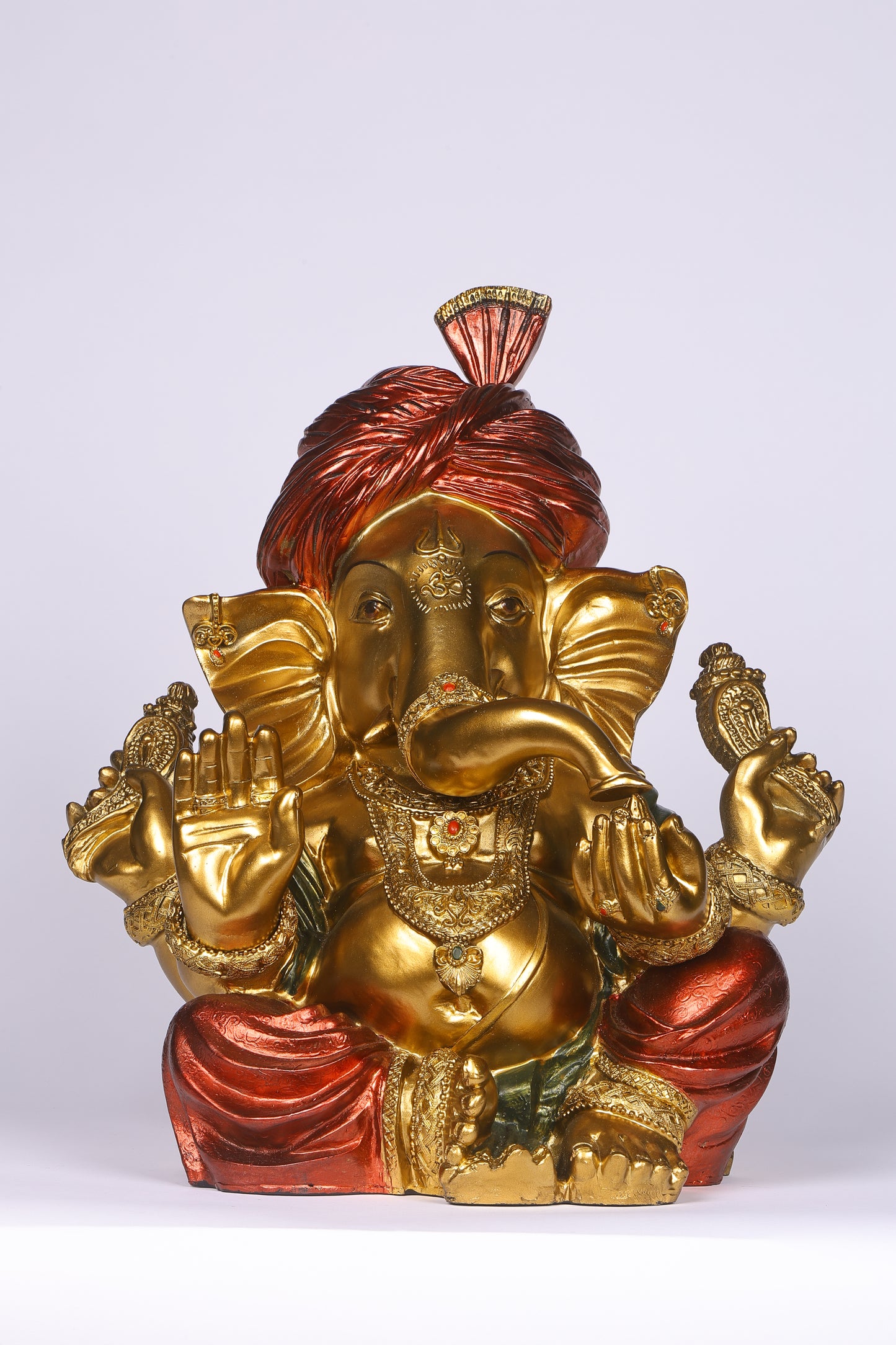 18" Ganesha sitting Antique Finish statue with red-golden turban and modak | Ideal for temple or showpiece