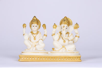 5" Laxmi Ganesha sitting Marble statue with Gold pedestal | Ideal for temple or showpiece