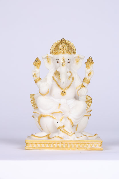 5" Ganesha sitting Marble statue on golden pdestal | Ideal for temple or showpiece