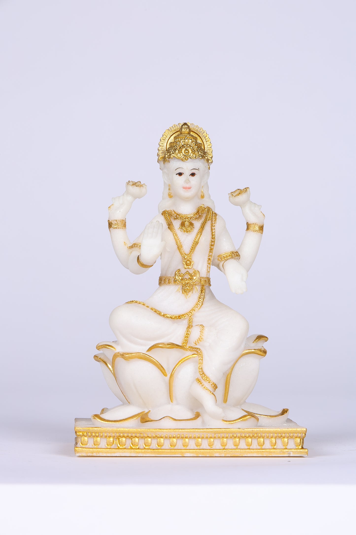 5" Laxmi Sitting Marble statue on lotus with gold tone | Ideal for temple or showpiece