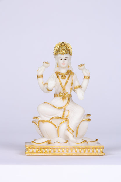 5" Laxmi Sitting Marble statue on lotus with gold tone | Ideal for temple or showpiece