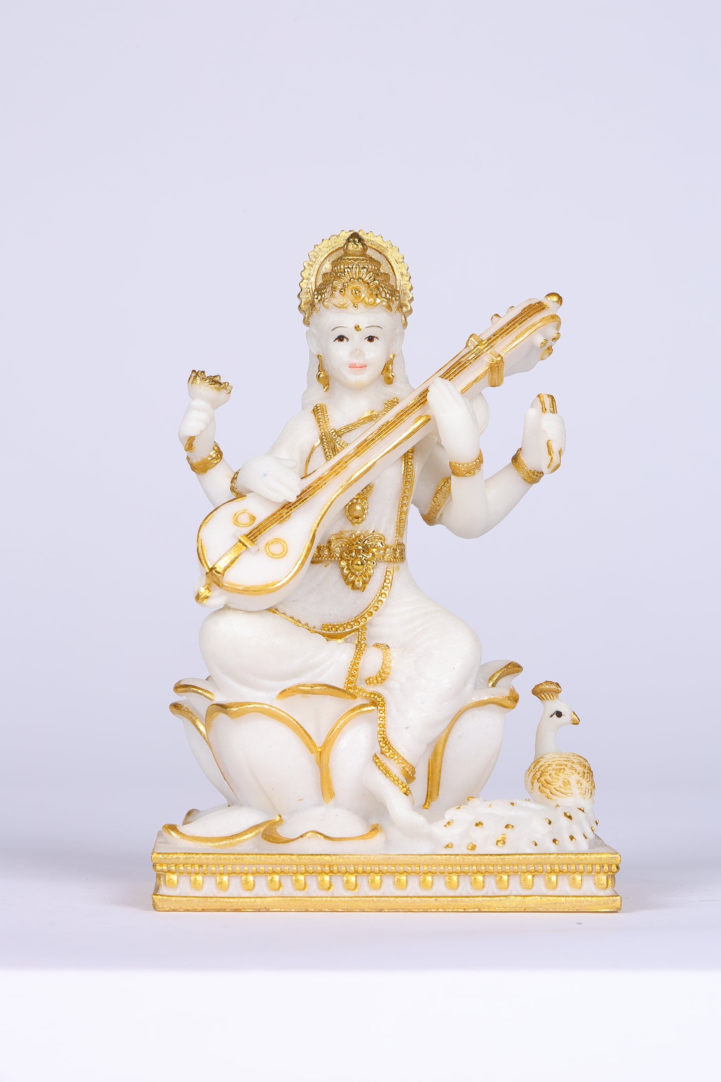 5" Saraswati Sitting Gold toned Marble statue on lotus with Veena | Ideal for temple or showpiece