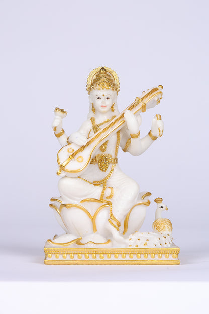 5" Saraswati Sitting Gold toned Marble statue on lotus with Veena | Ideal for temple or showpiece