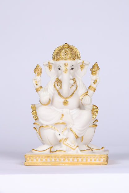 10" Ganesha sitting Marble statue on golden pedestal | Ideal for temple or showpiece