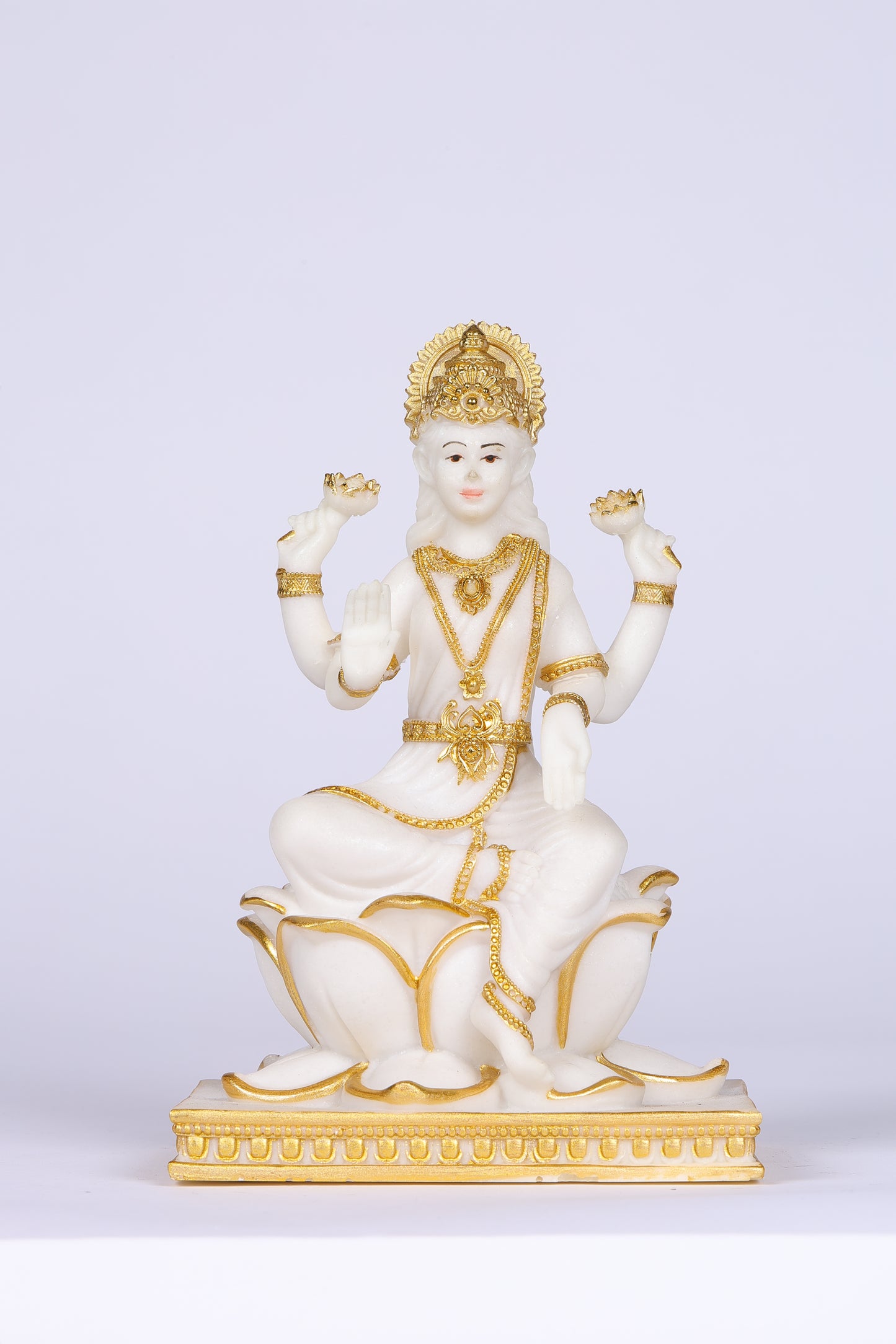 8" Laxmi Sitting Marble statue on lotus with gold tone | Ideal for temple or showpiece