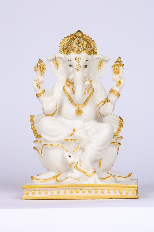 8" Ganesha sitting Marble statue on golden pdestal | Ideal for temple or showpiece