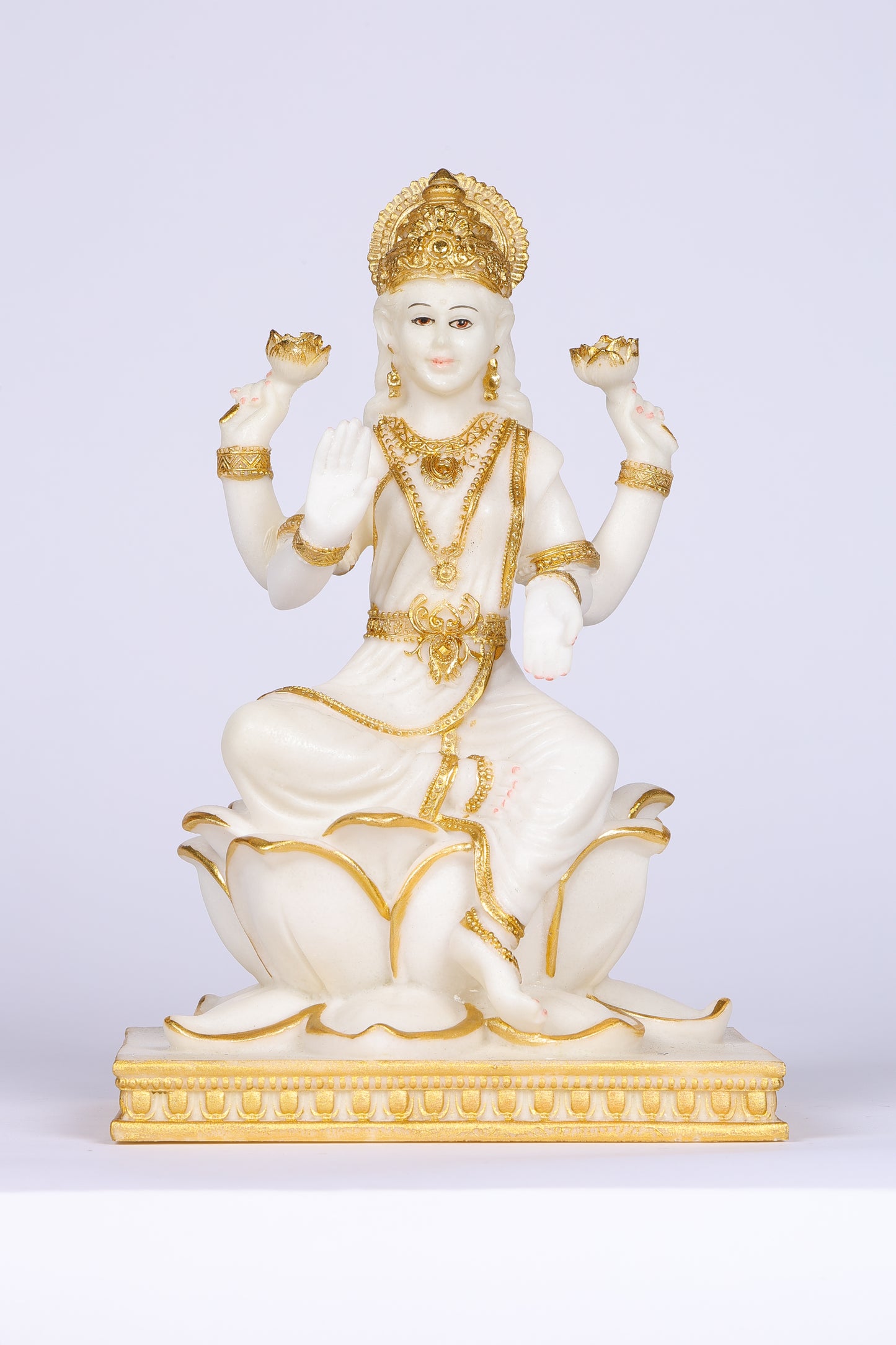 10" Laxmi Sitting Marble statue on lotus with gold tone | Ideal for temple or showpiece