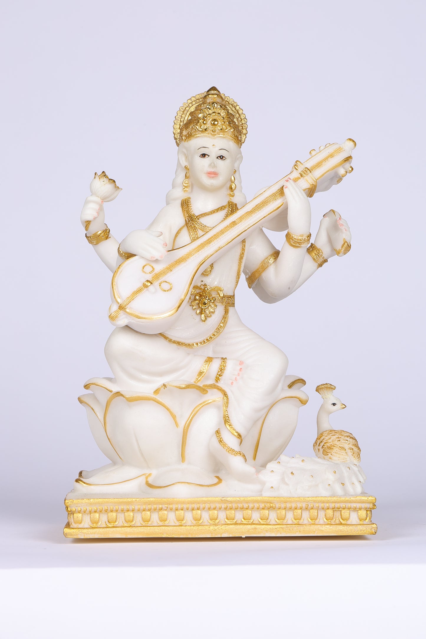 10" Saraswati Sitting Gold toned Marble statue on lotus with Veena | Ideal for temple or showpiece