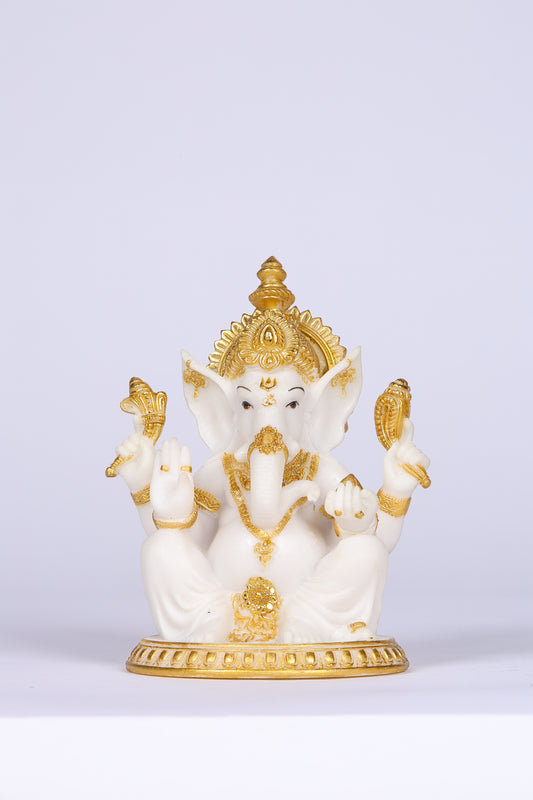 6" Ganesha sitting Marble statue on golden pdestal | Ideal for temple or showpiece