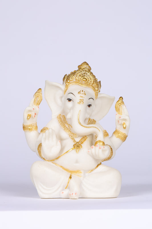 7" Cute Ganesha sitting Marble statue with Gold tone | Ideal for temple or showpiece