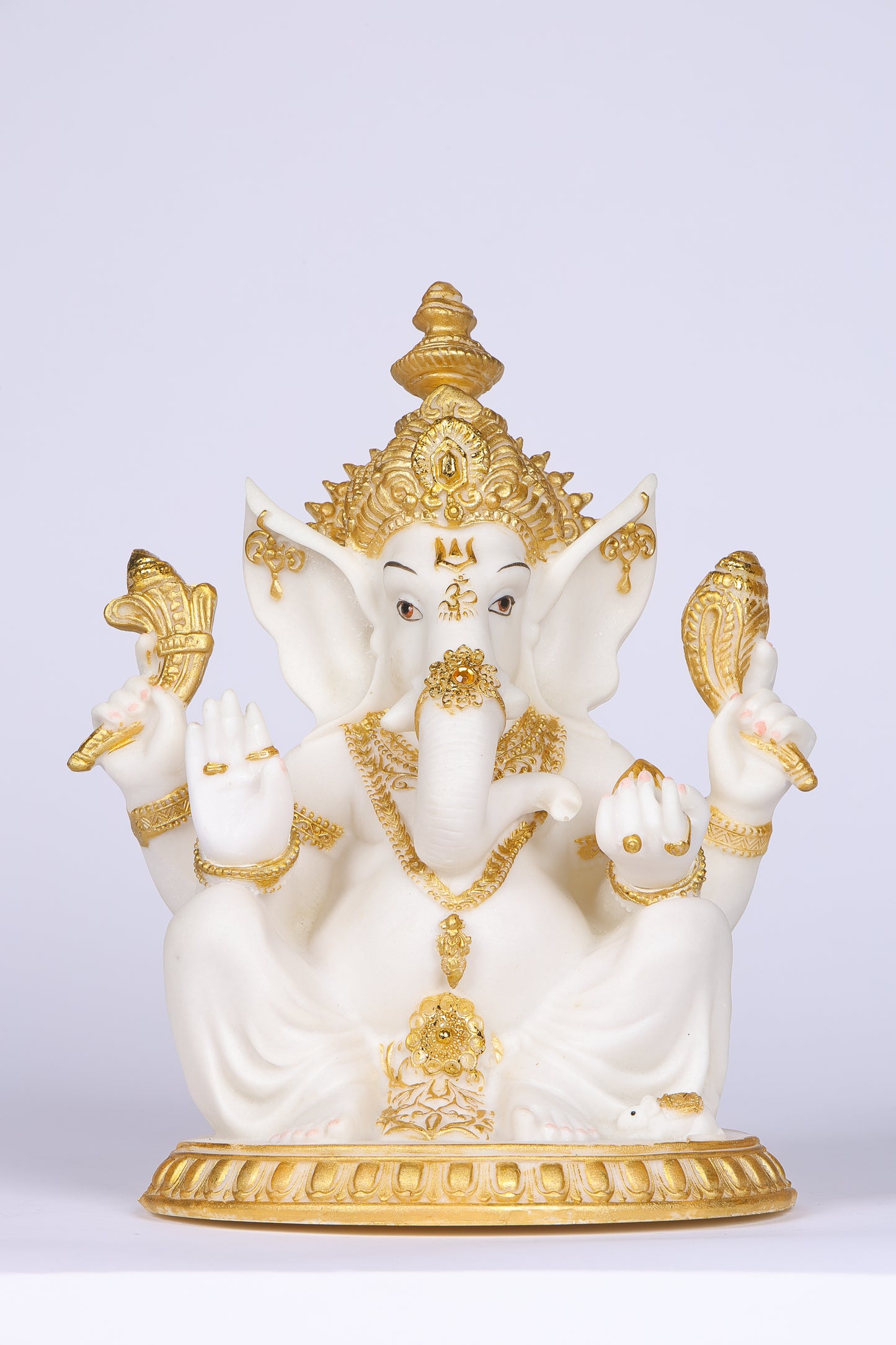 11" Ganesha sitting Marble statue on golden pdestal | Ideal for temple or showpiece