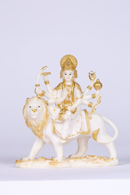 6" Maa Sherawali Jagdambe Durga Ji Marble statue with Gold tone| Ideal for temple or showpiece