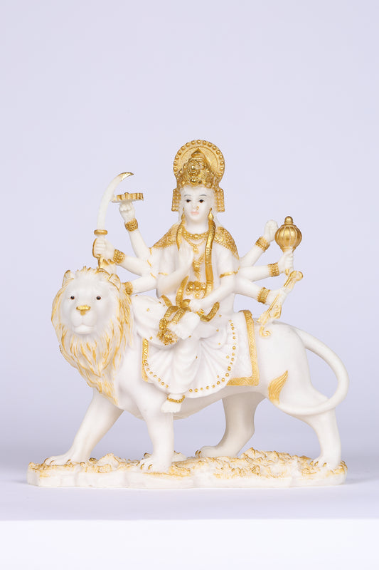 9" Maa Sherawali Jagdambe Durga Ji Marble statue with Gold tone| Ideal for temple or showpiece