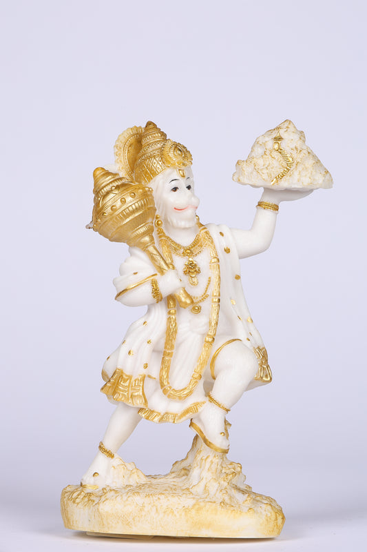 9" Hanuman Pawansut Mahabali standing Marble statue with Parvat | Ideal for temple or showpiece