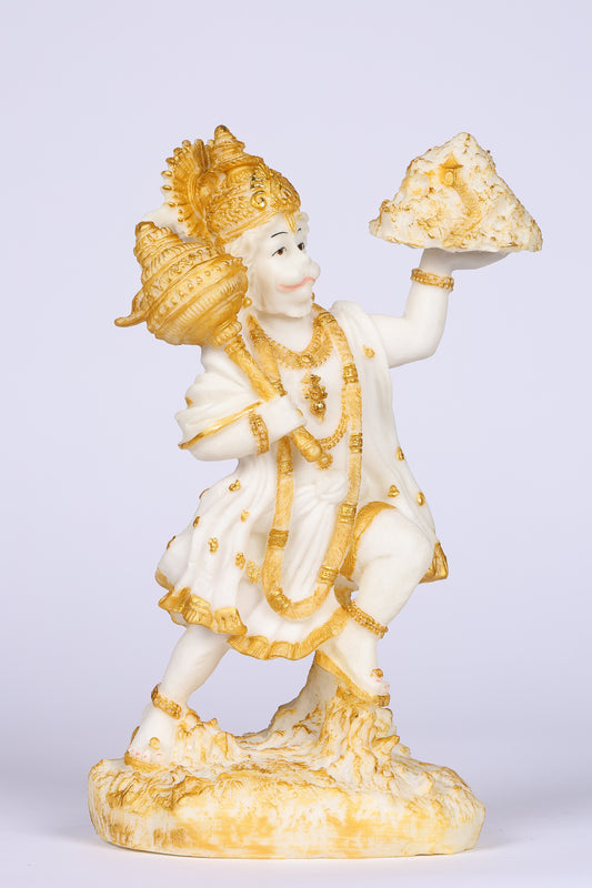 11" Hanuman Pawansut Mahabali standing Marble statue with Parvat | Ideal for temple or showpiece