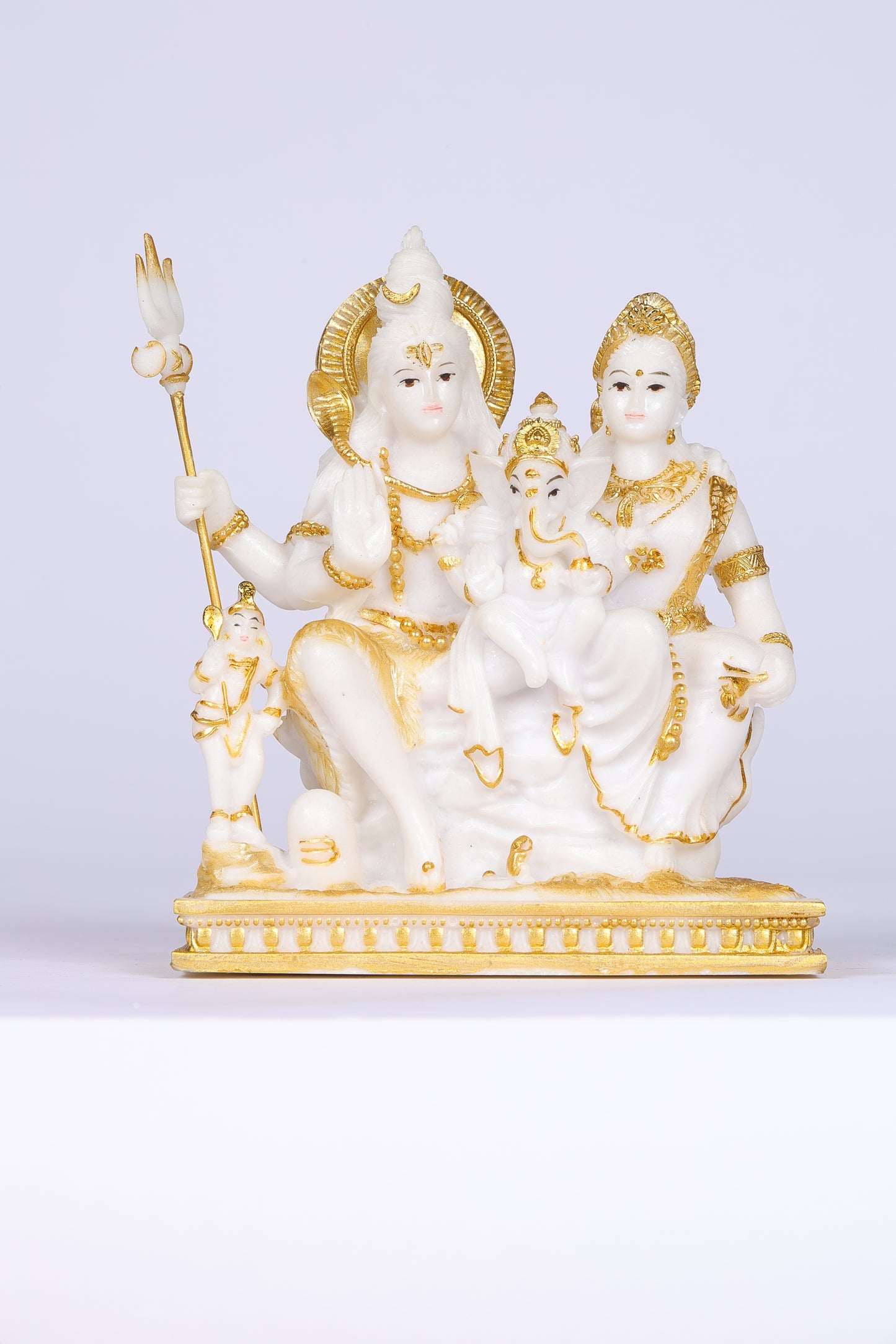 6" Shiva Parivaar sitting on Gold toned Marble statue - Shiva Prvati Gamesha and Kartikeya| Ideal for temple or showpiece