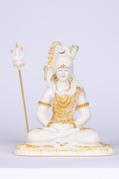 11" Shiva Samadhi Meditation statue with Trishul in White marble with gold tone | Ideal for temple or showpiece