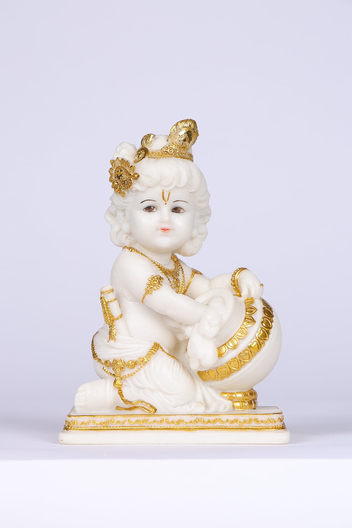 8" Baby Krishna - Cute Makhan chor Bal Gopal Marble statue with gold tone | Ideal for temple or showpiece