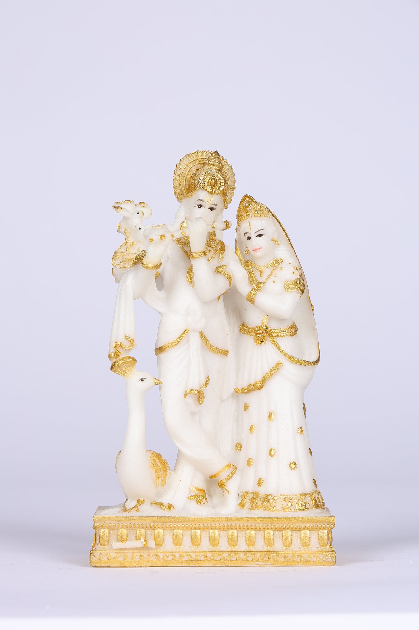 6" Radha Krishna with Bansuri standing white Marble statue Gold tone | Ideal for temple or showpiece