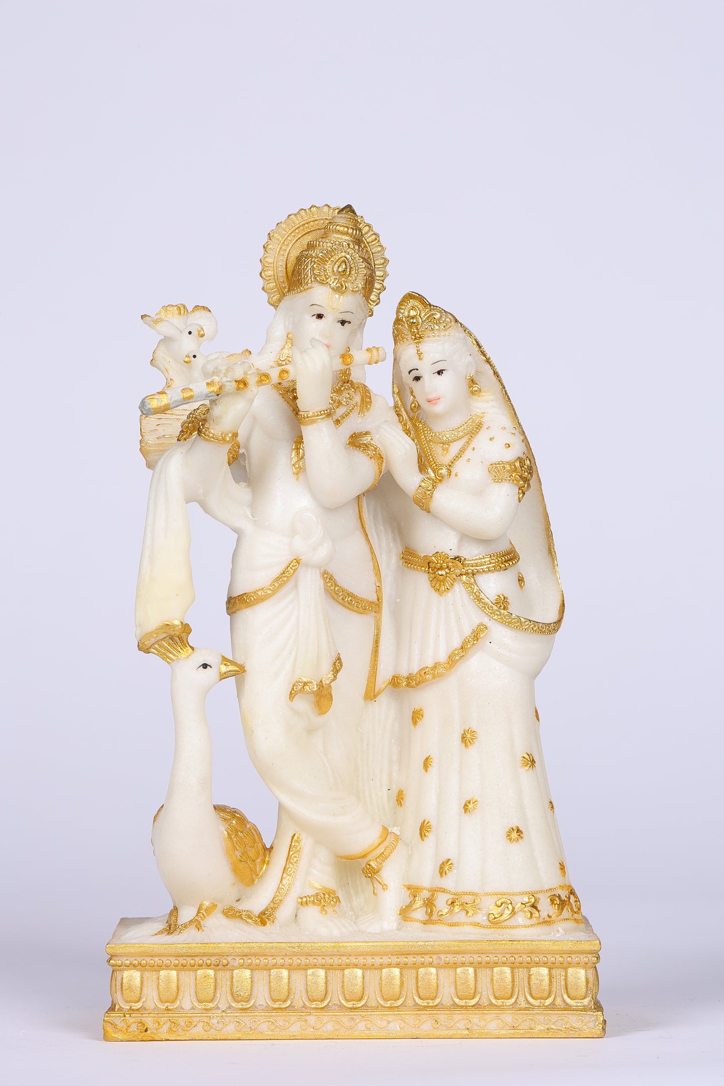 8" Radha Krishna with Bansuri standing white Marble statue Gold tone | Ideal for temple or showpiece