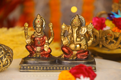 5" Laxmi Ganesha sitting Antique Finish golden red statue with Gold pedestal | Ideal for temple or showpiece