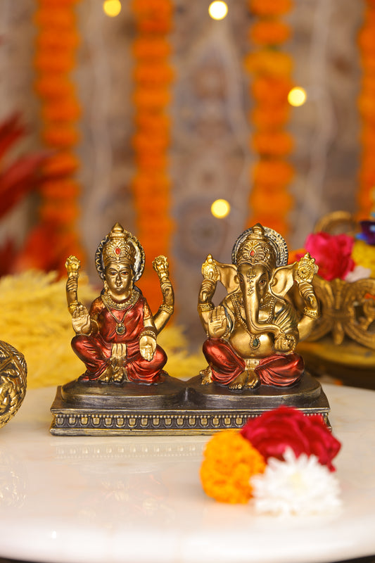 5" Laxmi Ganesha sitting Antique Finish golden red statue with Gold pedestal | Ideal for temple or showpiece