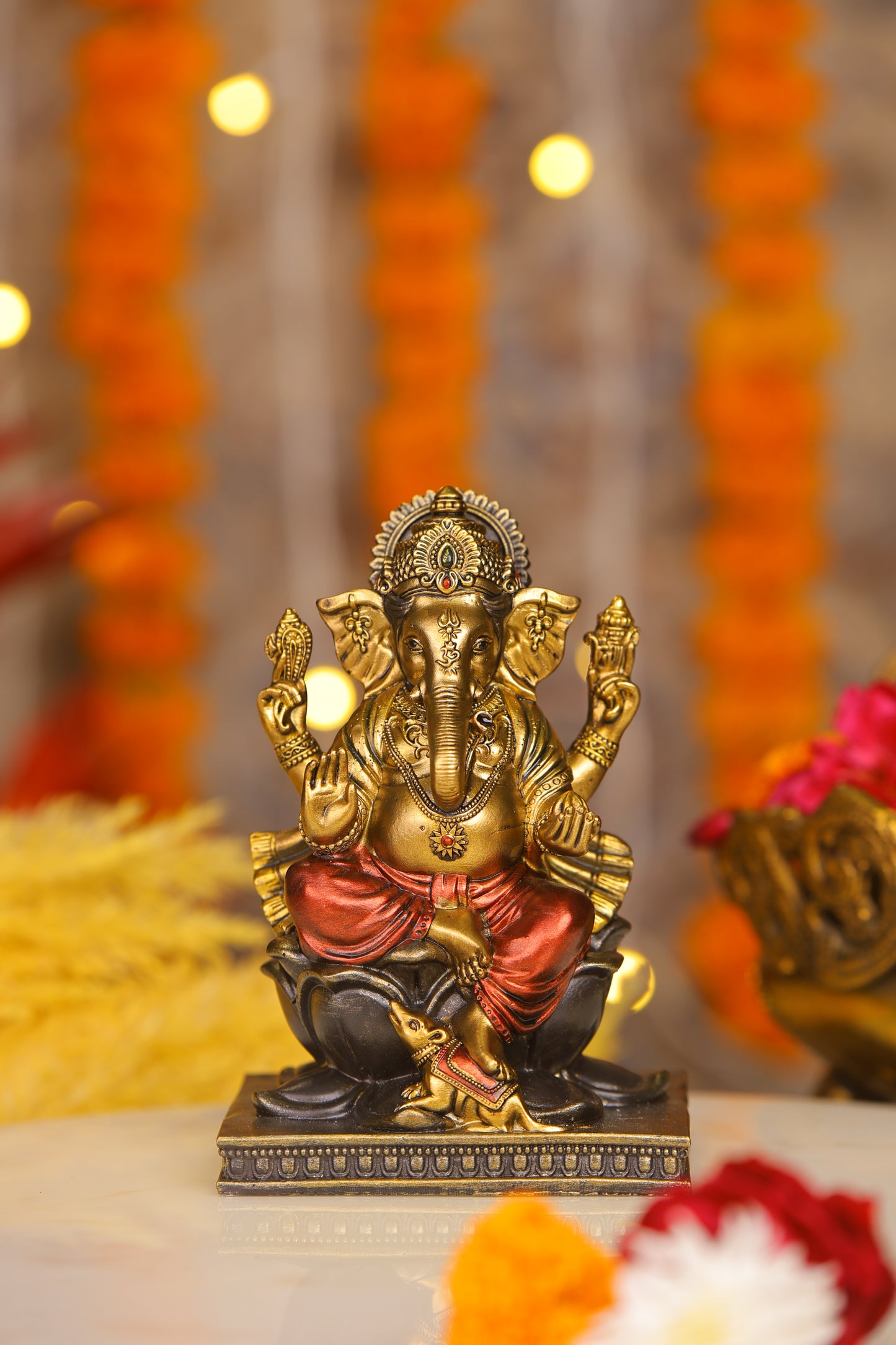 5" Ganesha sitting  Antique Finish golden red statue on golden pdestal | Ideal for temple or showpiece