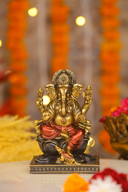 5" Ganesha sitting  Antique Finish golden red statue on golden pdestal | Ideal for temple or showpiece