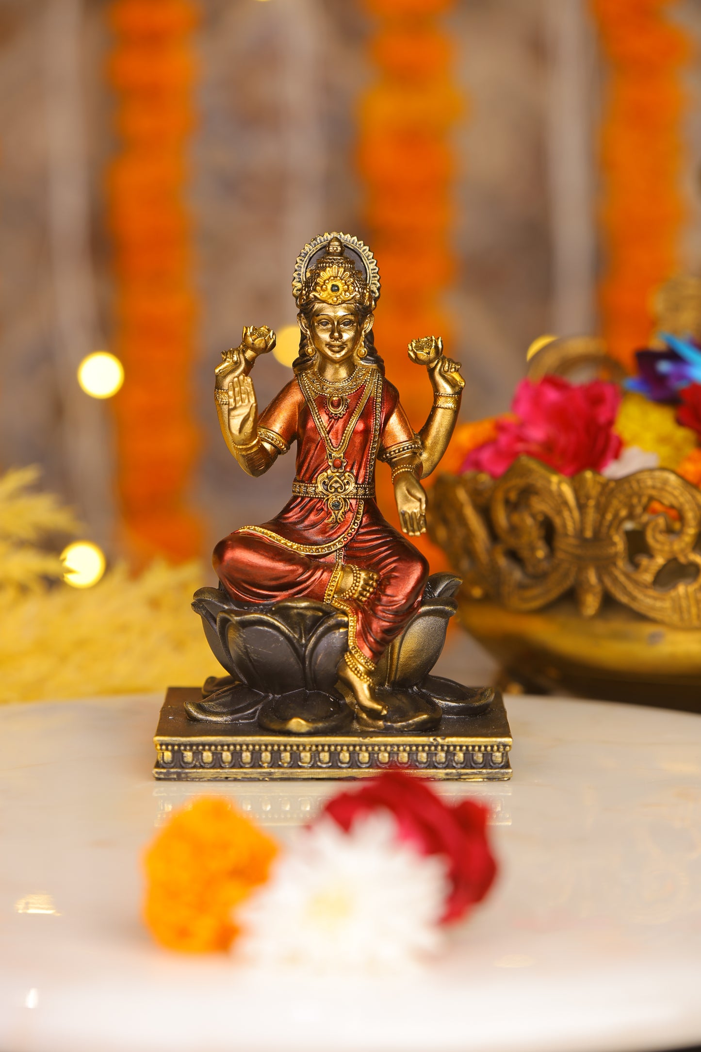 5" Laxmi Sitting Antique Finish golden red statue on lotus | Ideal for temple or showpiece