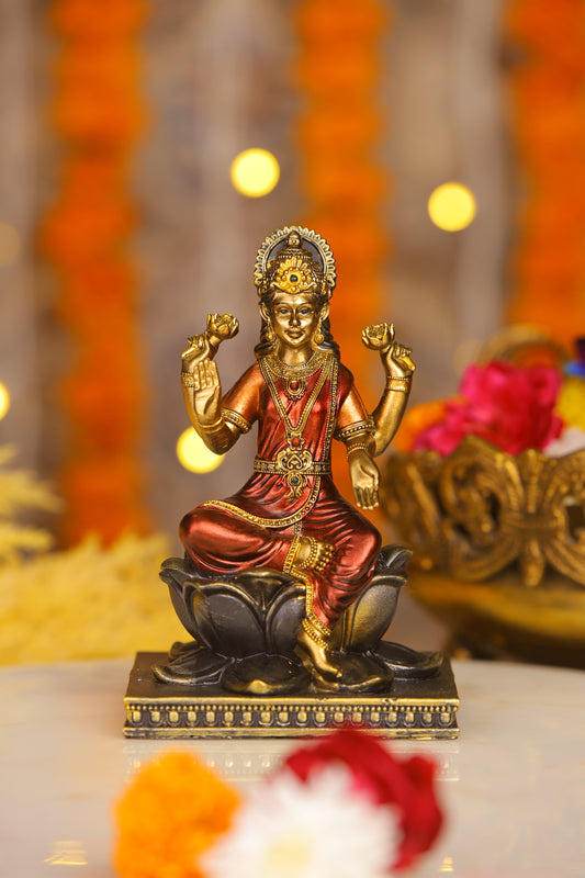 5" Laxmi Sitting Antique Finish golden red statue on lotus | Ideal for temple or showpiece