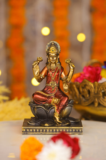 5" Laxmi Sitting Antique Finish golden red statue on lotus | Ideal for temple or showpiece