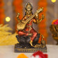 5" Saraswati Sitting Antique Finish golden red statue on lotus with Veena | Ideal for temple or showpiece
