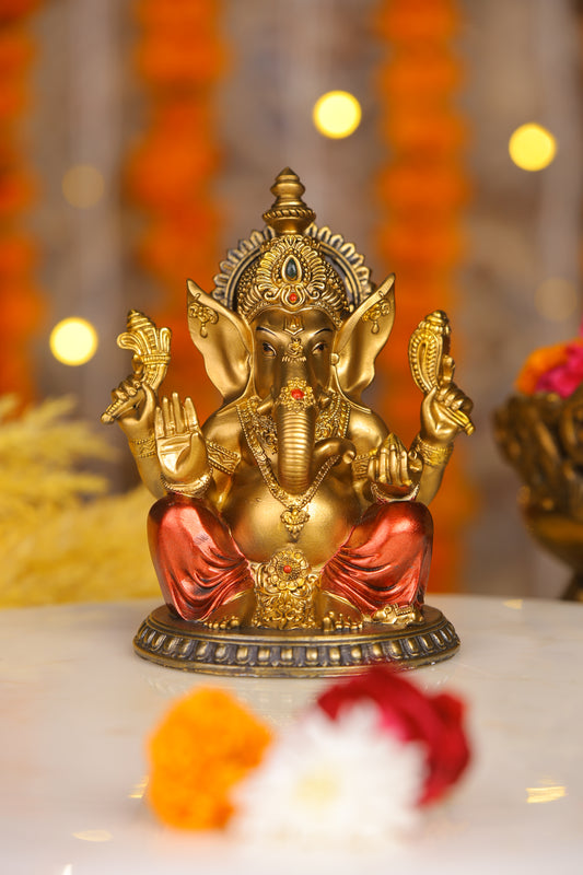 6" Ganesha sitting  Antique Finish golden red statue on golden pdestal | Ideal for temple or showpiece