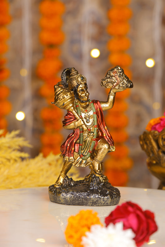 6" Hanuman Pawansut Mahabali standing Antique Finish golden red statue statue with Parvat | Ideal for temple or showpiece