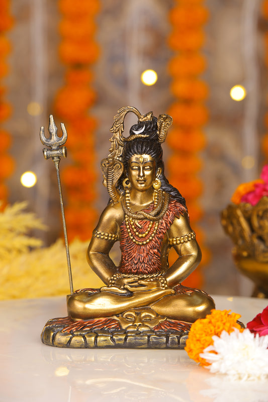 6" Shiva Samadhi Meditation statue with Trishul in Antique Finish golden red | Ideal for temple or showpiece