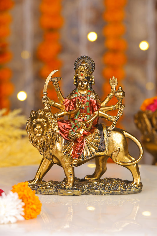 6" Maa Sherawali Jagdambe Durga Ji Antique Finish golden red statue| Ideal for temple or showpiece