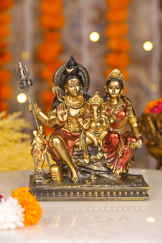 6" Shiva Parivaar sitting Antique Finish golden red statue - Shiva Prvati Gamesha and Kartikeya| Ideal for temple or showpiece