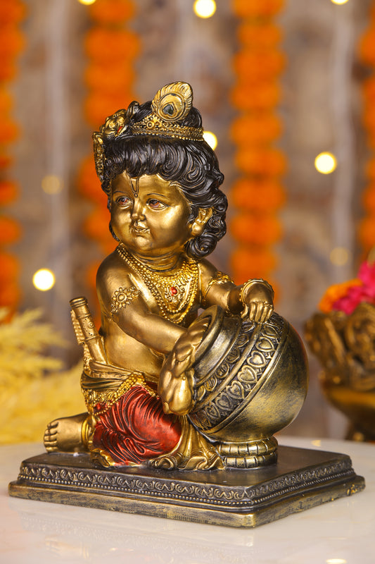 8" Baby Krishna - Cute Makhan chor Bal Gopal statue Antique Finish golden red| Ideal for temple or showpiece