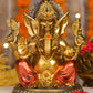 8" Ganesha sitting  Antique Finish golden red statue on golden pdestal | Ideal for temple or showpiece