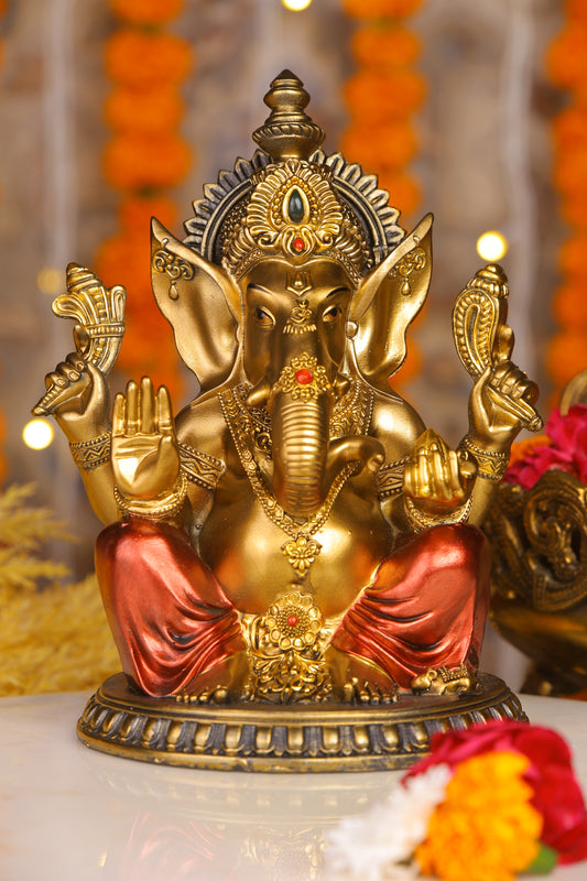 8" Ganesha sitting  Antique Finish golden red statue on golden pdestal | Ideal for temple or showpiece