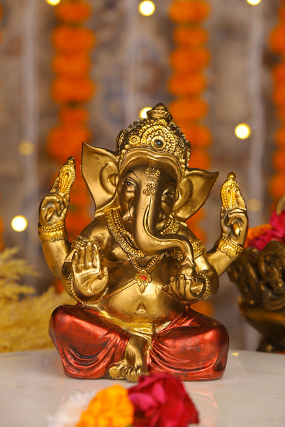 7" Cute Ganesha sitting Antique Finish golden red statue | Ideal for temple or showpiece