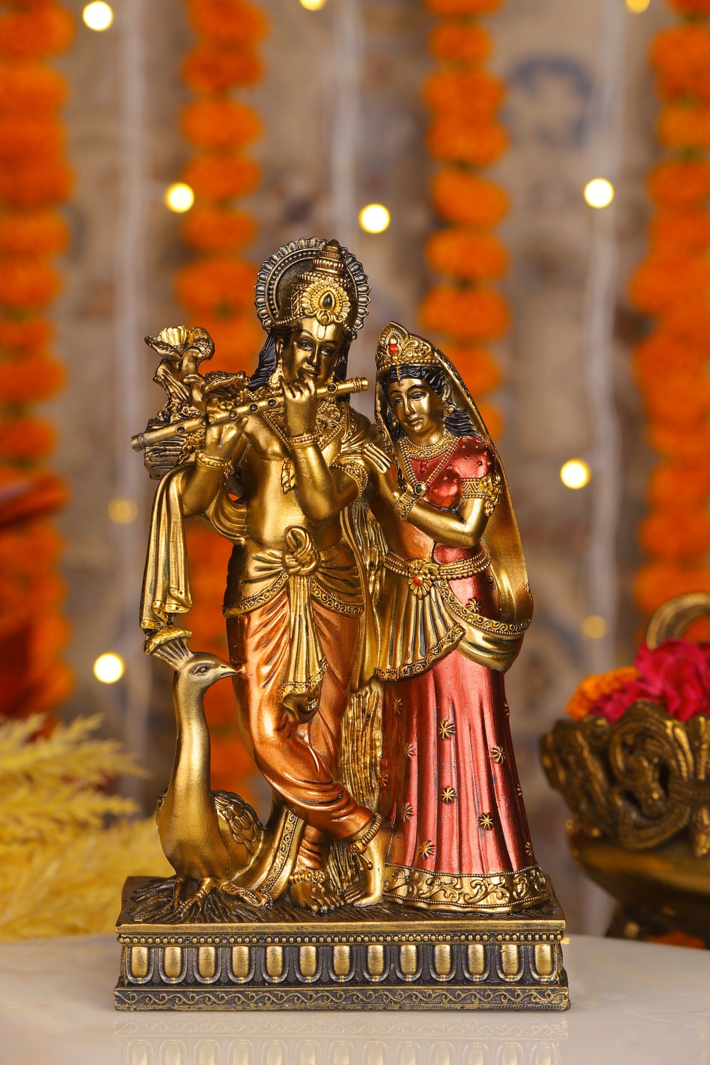 6" Radha Krishna with Bansuri standing white Antique Finish golden red statue | Ideal for temple or showpiece